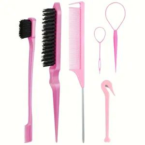 6-Piece Hair Styling Tool Set - 2 French Braid Tools, Detangling Brush, Rat-Tail Comb, Edge & Backcombing Tool, Smooth & Detangle Hair for Women