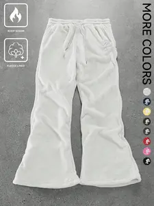 Women's Winter Plush Thick Flare Pants, Warm Fleece Lined, Cartoon Embroidery Design, Casual Home Wear & Street Style