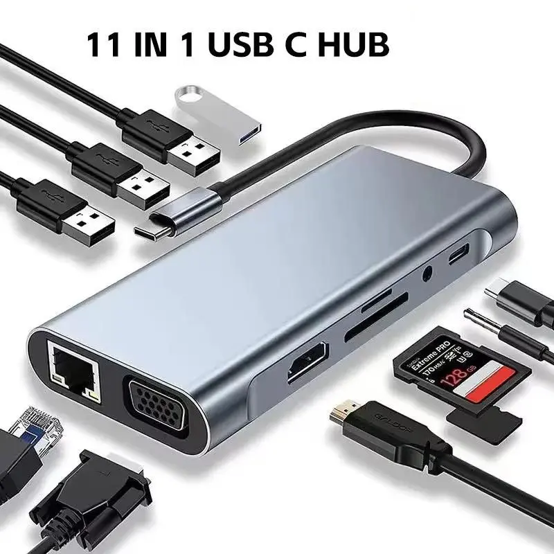11-In-1 USB C Interface HUB Extender Base, Portable USB Hub, USB Extension, Dual Displays with Hdtv & Vga, 100w PD Charging, Ethernet, 3 USB Ports, Type C Ports, SD Card Reader/TF Reader, Compatible with Macbook, Windows, Usb Port Gadget