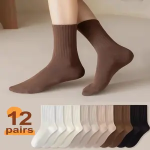 Women Stacked Socks, 12 Pairs Set, Solid Color Casual Crew Socks, Soft Cotton Loose Stacking Socks, Fashion Street Style Lazy Socks, All Season Breathable Ankle Socks, Trendy Daily Wear Hosiery for Girls Solid