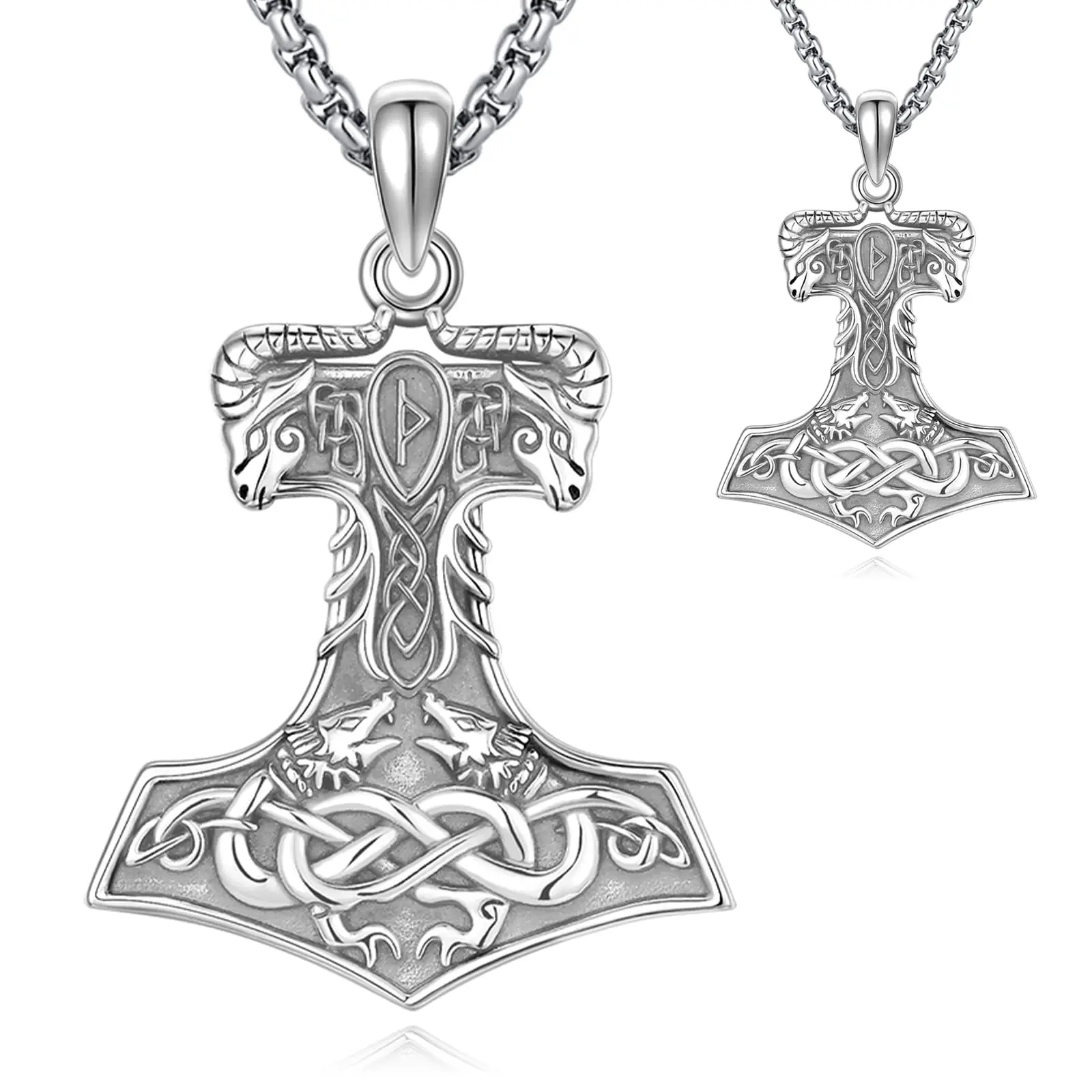 DRINSPER Retro 925 Sterling Silver Thor's Hammer Mjolnir Pendant Necklace - Unisex Viking Amulet with Fenrir Symbol & Runes, 22-Inch Box Chain, Norse Mythology Collectible Spiritual Jewelry for Adults
