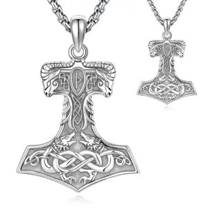 DRINSPER Viking Necklace 925 Sterling Silver Thors Hammer Mjolnir Pendant Necklace for Father Dad Women Pagan Jewerly Norse Runes Amulet Jewelry Gifts