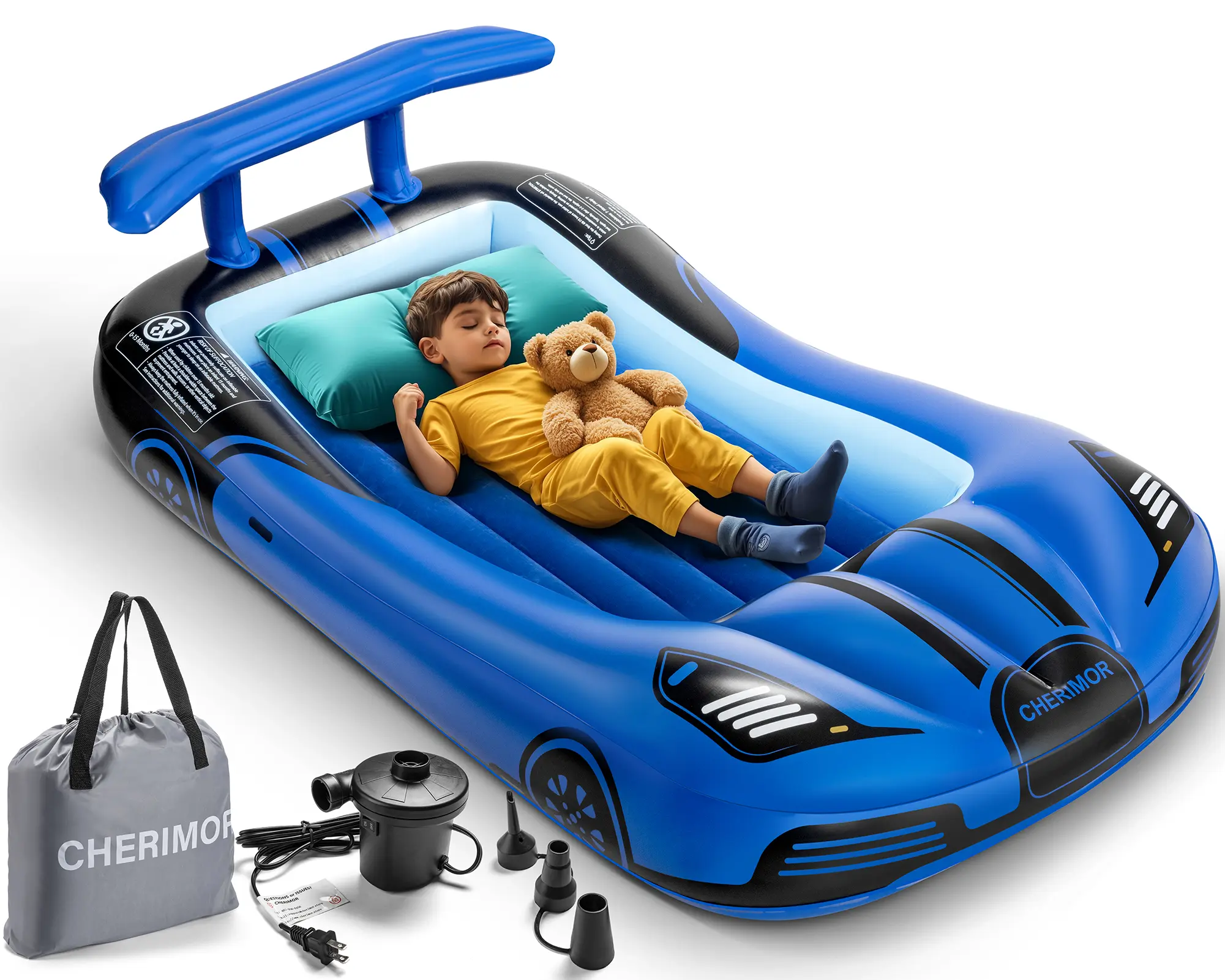 Inflatable Toddler Travel Bed with Safety Bumpers & 2 Mins Auto Inflation Pump, Portable Toddler Kids Air Mattress with Carry Bag for Home Grandma's Sleepovers Travel Camping, 330lbs Support