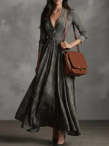 European and American women autumn and winter retro checkered dress, elegant and stylish Aesthetic V-neck French-style lady fashionable Fit large swing mid-length dress