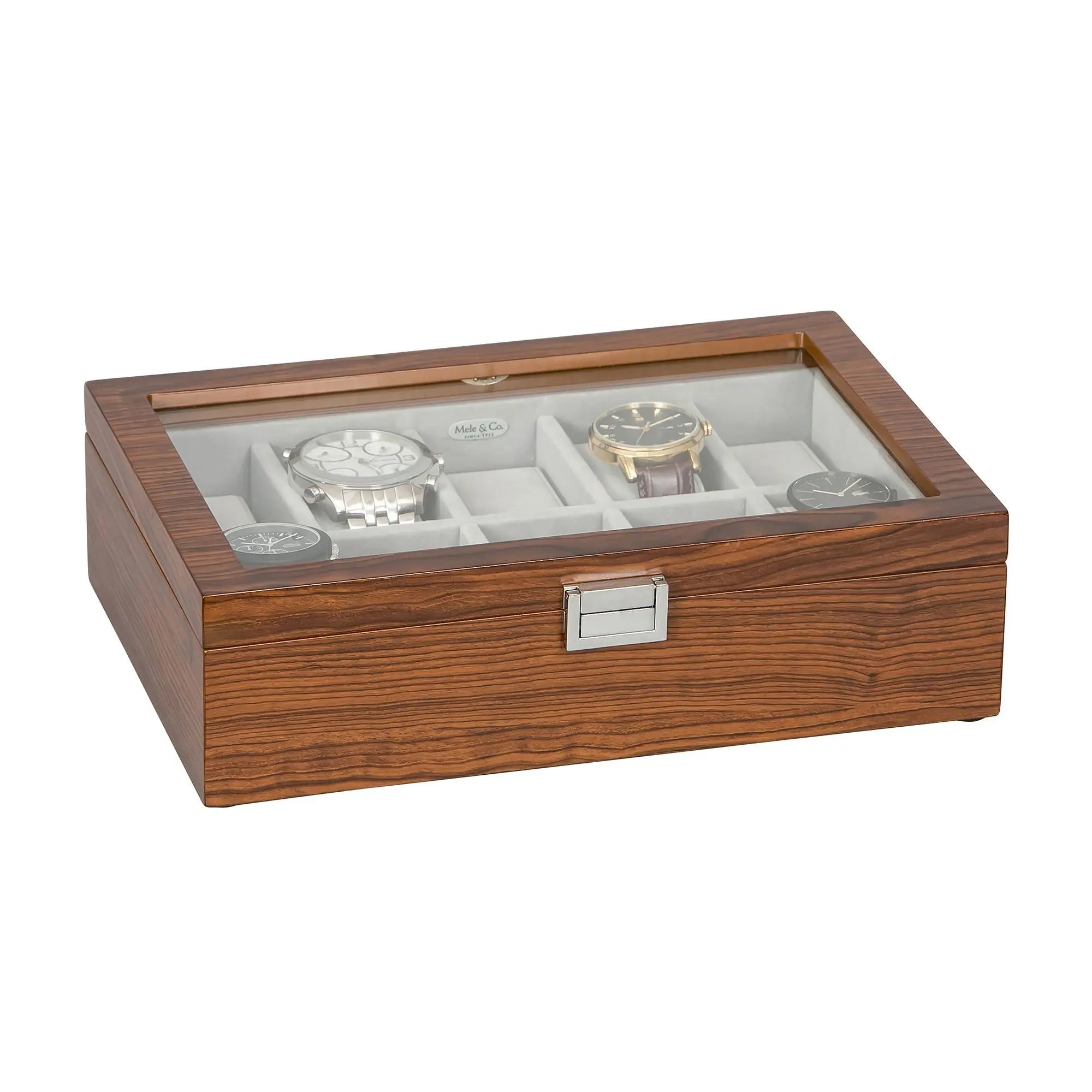 Mele & Co. Jayson Glass Top Watch Box in Mahogany Finish