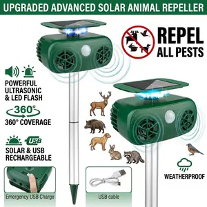 Solar-powered ultrasonic and flashing repeller with motion-sensor activation; effectively repels deer, raccoons, and squirrels. Waterproof design suitable for yards, farms, and gardens; repels animals such as cats, dogs, squirrels, and raccoons.