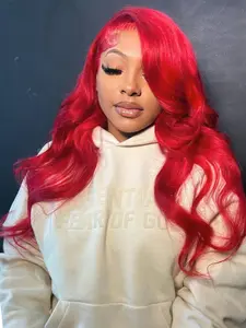 Hand-crocheted 13x4 Lace Glueless Frontal Wig, Synthetic Hair Wig 28 Inch Red Lace Front Wigs Pre Plucked Body Wave Glueless Wigs Use for Girls Daily Party Halloween Use
