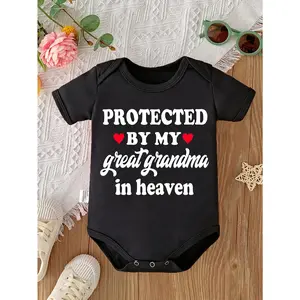 Cute Baby Bodysuit With Protected By My Great Grandma In Heaven Print Soft Versatile Round Neck Button Detail Regular Fit All Seasons Knitted Fabric Onesie
