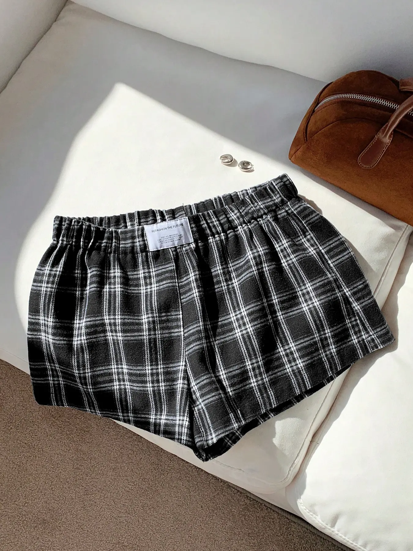 Women's Casual Plaid Loose Shorts, Comfortable Elastic Waist Summer Shorts, Grid Home Shorts, Daily Outdoor Trendy City Style Check, Everyday, Bottom, Fitted Casual Shorts, Casual Fashionable Shorts