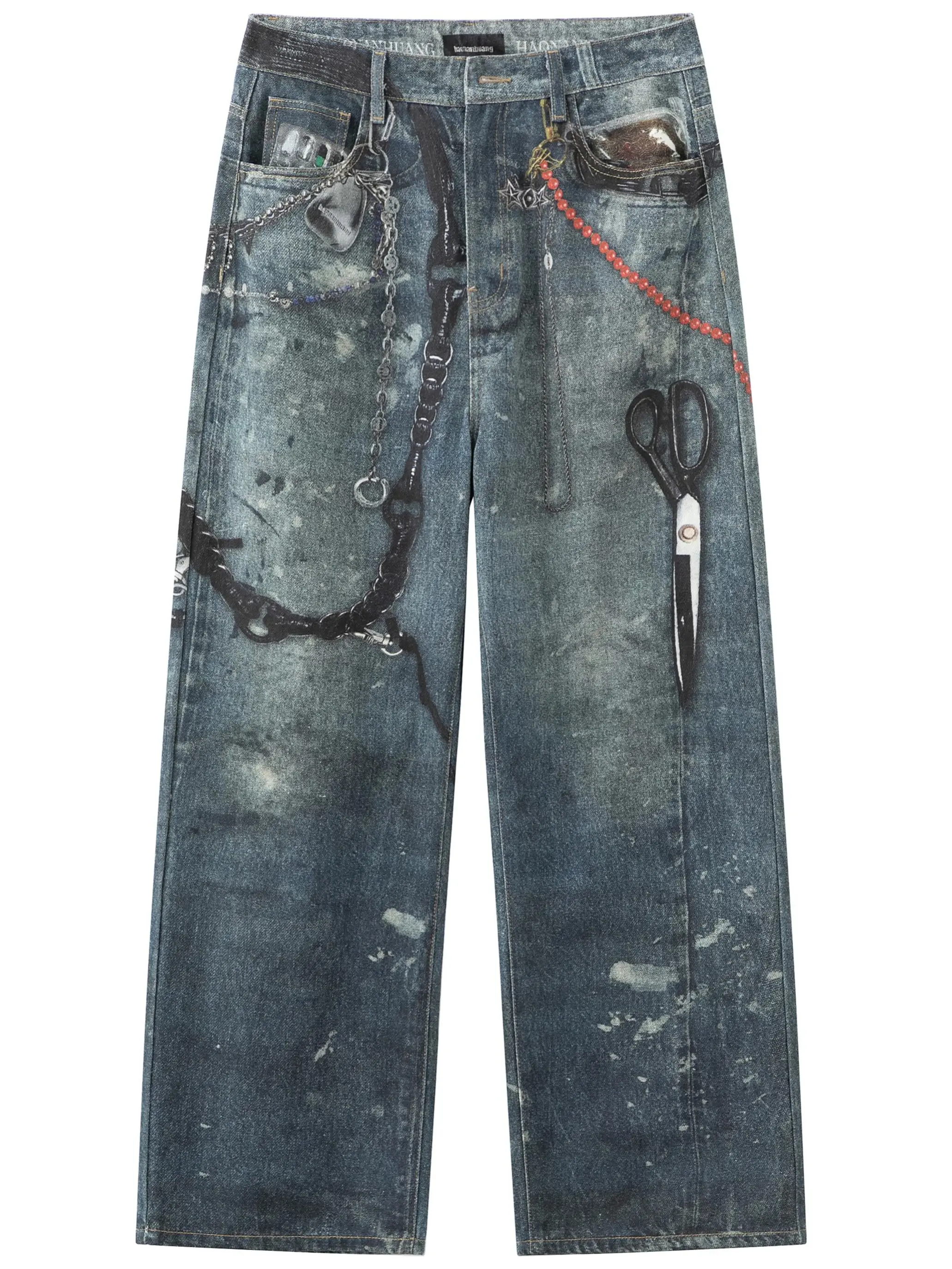 100% cotton trendy denim pants for men: vintage washed distressed wide-leg jeans with 3D scissor graphic and chain print; retro splatter fade distressed loose denim long pants; loose street-style denim long pants; five-pocket casual jeans; faded vintage l
