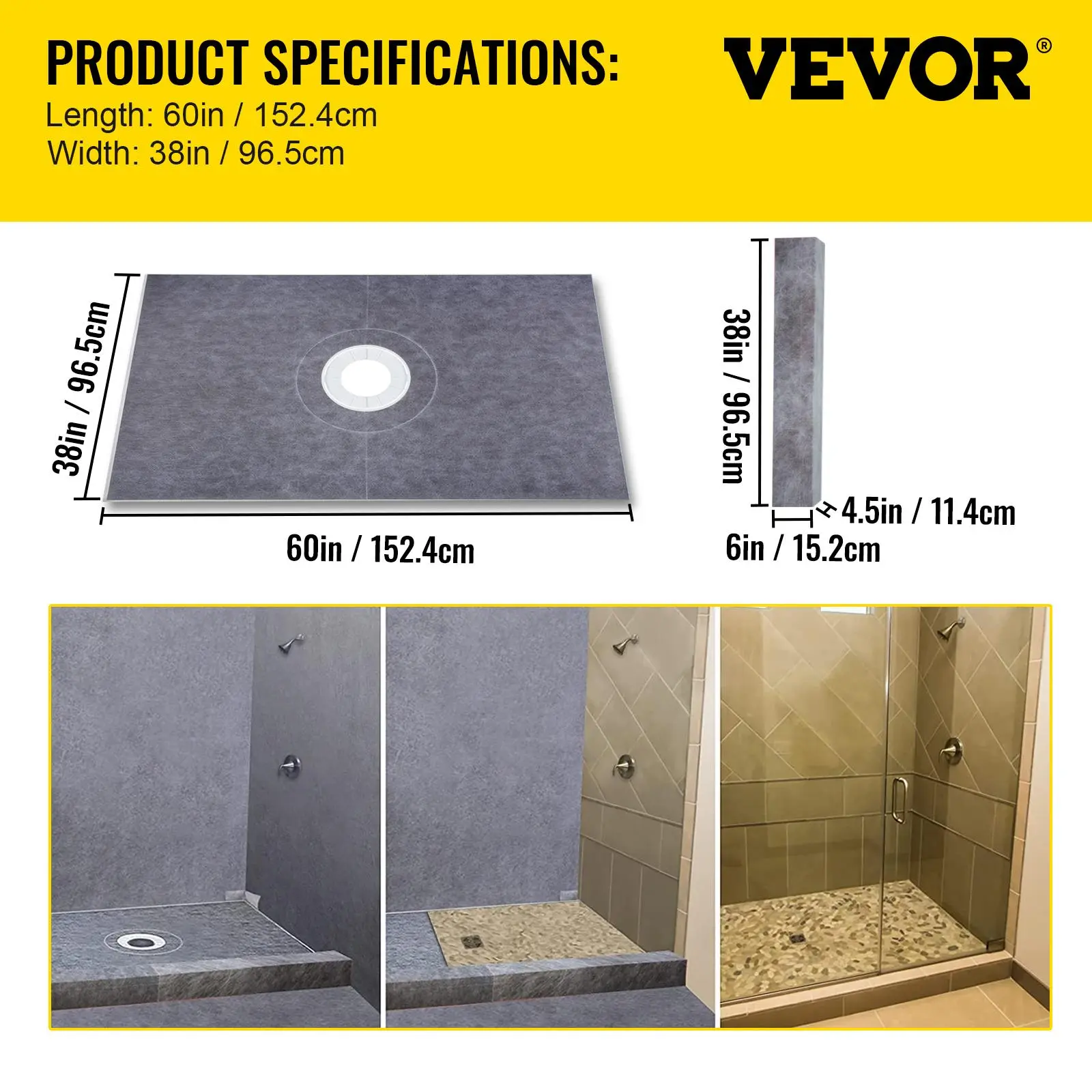 【summerfinds】VEVOR Shower Curb Kit, 38\"x60\" Watertight Shower Curb Overlay with 4\" PVC Central Bonding Flange, 4\" Stainless Steel Grate, 2 Cuttable Shower Curb and Trowel, Shower Pan Slope Sticks Fit for Bathr