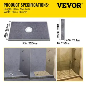VEVOR Shower Curb Kit, TikTokShopBlackFriday, 38\"x60\" Watertight Shower Curb Overlay with 4\" PVC Central Bonding Flange, 4\" Stainless Steel Grate, 2 Cuttable Shower Curb and Trowel, Shower Pan Slope Sticks Fit for Bathr
