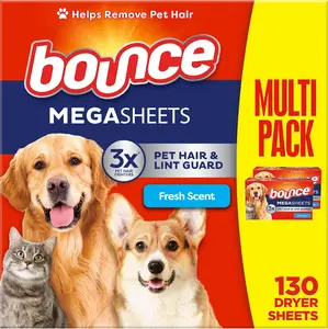 Bounce Pet Hair and Lint Guard Mega Dryer Sheets with 3X Pet Hair Fighters, Fresh Scent, 130 Count