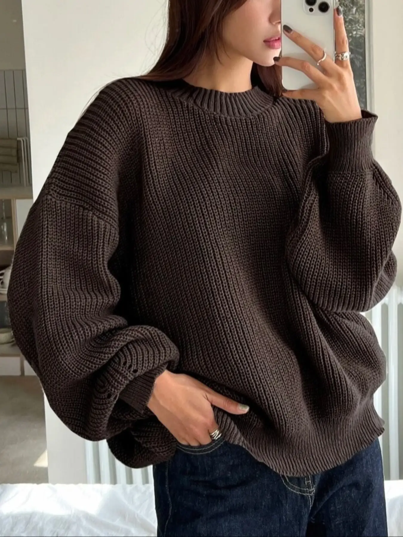 Women's Oversized Loose Fit Crew Neck Long Sleeve Pullover Sweater, Womenswear, Casual Autumn Winter Solid Color Classic Basic Cozy Soft Knitted Jumper Top, Winter Sweater