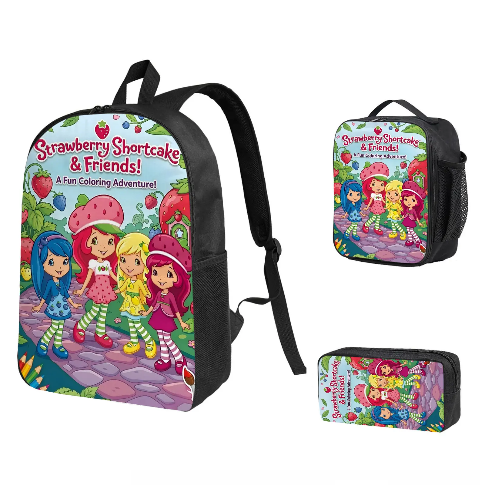 Strawberry Shortcake 3-Piece Combo Backpack Set - Water Resistant Cartoon Art School Bookbag with Insulated Lunch Bag & Pencil Case, 1 Size Back to School Haul for Kids Teens (b-216), One Size