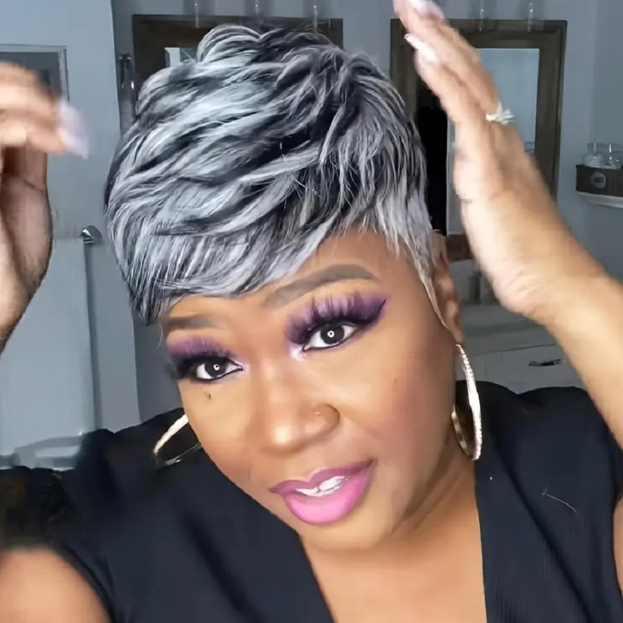 Short Pixie Cut Wigs Black Ombre White Synthetic Hair Wig with Bangs Heat Soft US