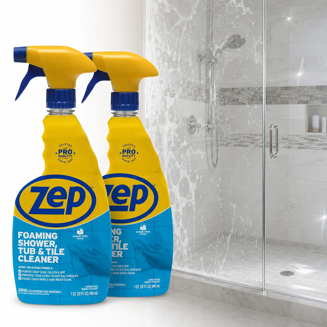 ZEP 32 oz. Power Foam Tub and Tile Cleaner, Clinging Foam Cleaner, Long-Acting Formula, Soap Scum Dissolver, Limescale Remover, Safe for Glass Shower Doors, Acrylic Tub Cleaner, Deep Penetrating Cleaner.