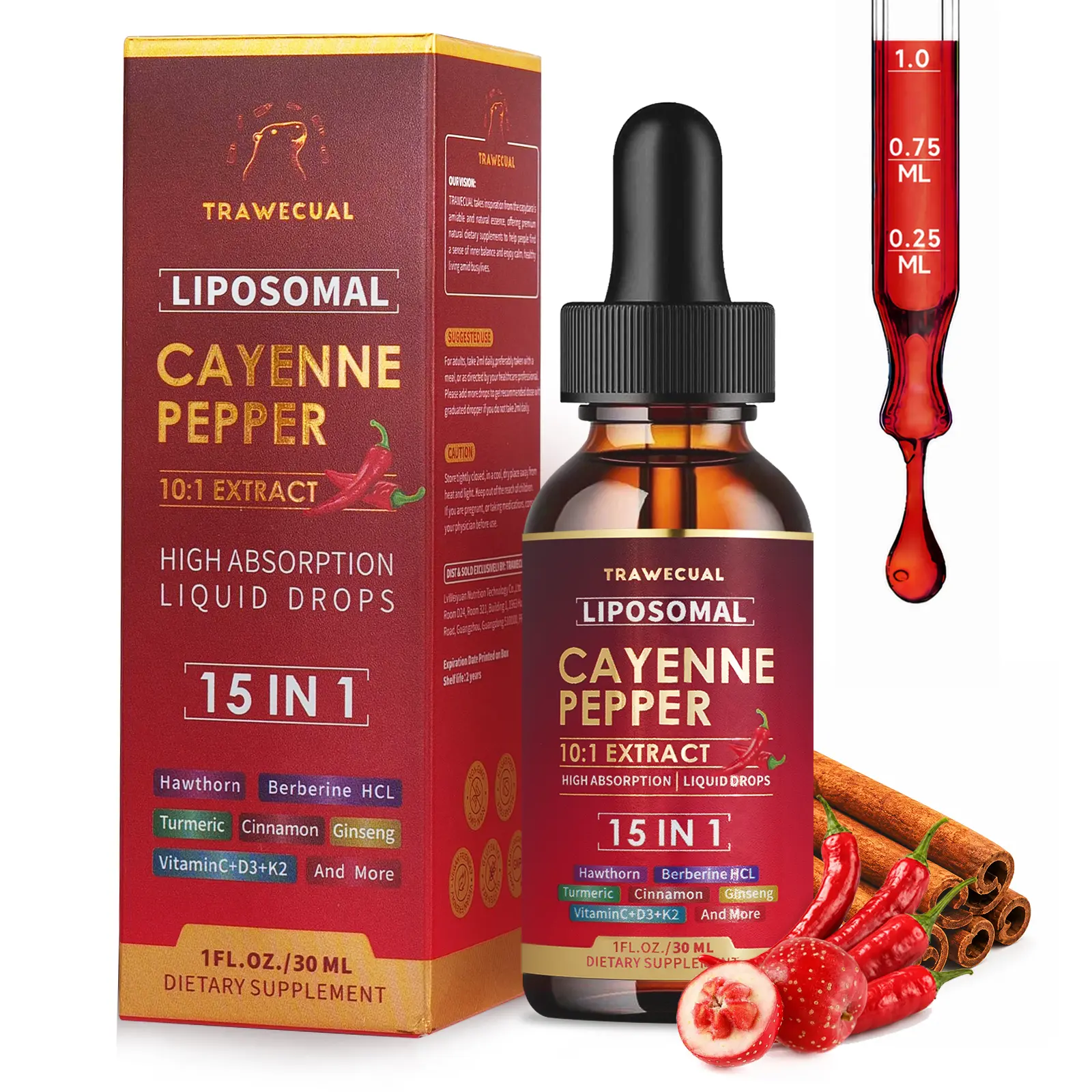 15-in-1 Liposomal Cayenne Pepper Liquid Drops with Berberine, Beet Root, Ginseng, Turmeric, Vitamin D3 K2 C | Promotes Blood Flow, Energy Vitality & Digestive Function, 30ml Non-GMO Dietary Supplement Metabolism Boost Healthcare Fitness