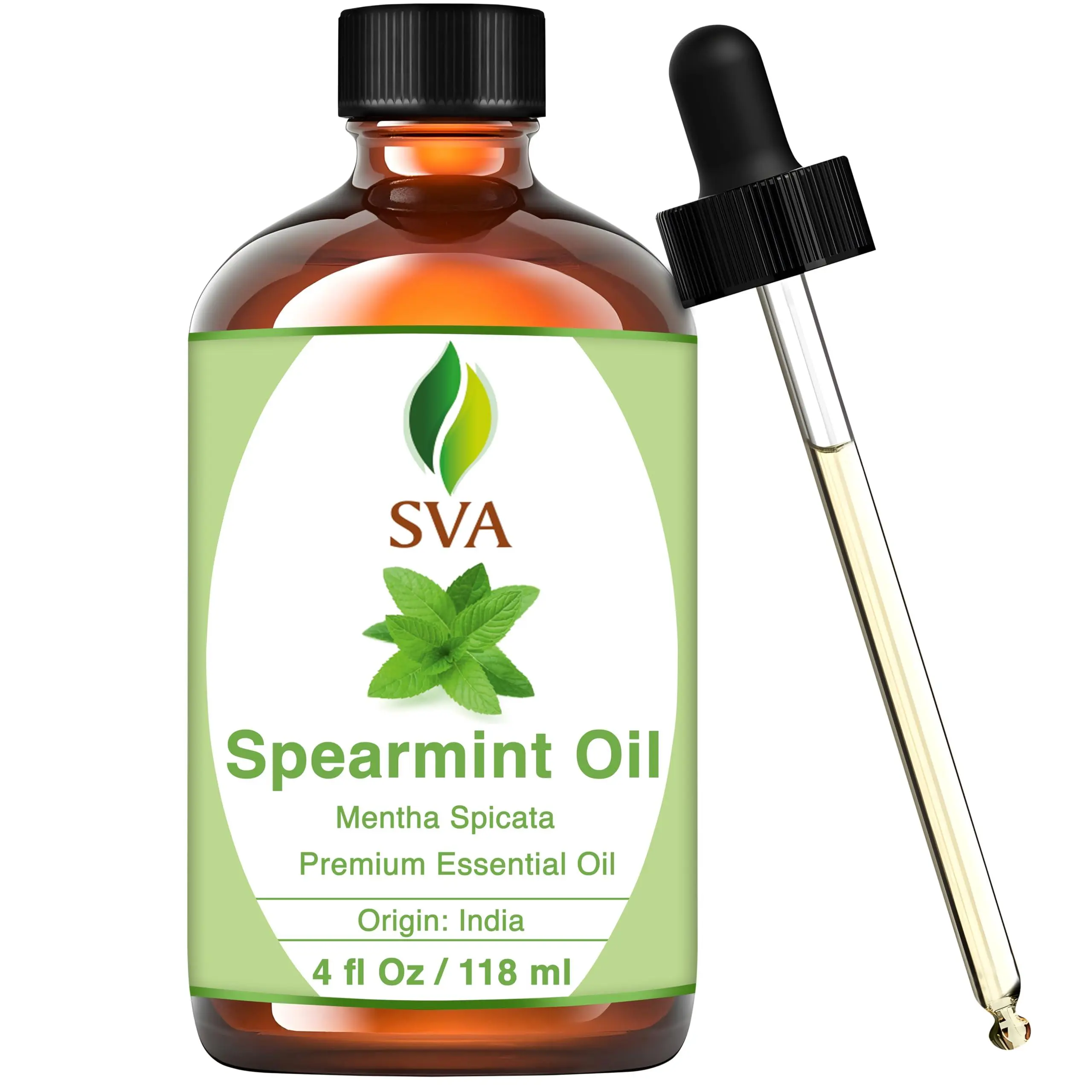 SVA ORGANICS Aromatic Therapeutic Mint Scented Spearmint Essential Oil (4 Fl Oz) with Dropper - Home Fragrance Diffuser Supply, Aromatherapy, DIY Soap & Candle Making