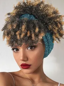 Short Curly Wigs for Women, Synthetic High Puff Afro Ponytail Ombre Wig with Bangs, Afro Kinky Curly Headwrap Wig, Natural Looking Wig, Synthetic Curly Hair