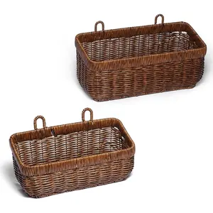 Wall Baskets, Brown Wicker Baskets for Garlic Ginger Eggs Onions Fruits, fit for Living Room Door and Organizing (set of 2)