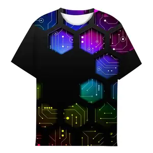 Unisex Neon Circuit Board Hexagon T-Shirt, Colorful Electronic Circuitry Graphic Tee for Raves, Tech Events, Festivals & Casual Daily Wear