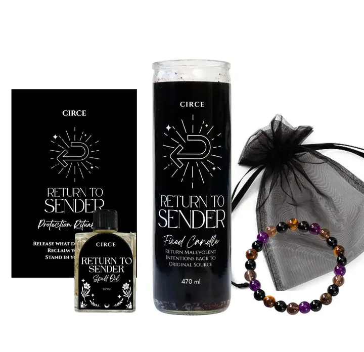 Circe Boutique Return to Sender Protection Ritual Set – 7-Day Fixed Prayer Candle, Spell Oil & Crystal Shield Bracelet | Wormwood Black Salt Lemon Cleansing Kit | Amethyst Tiger Eye Obsidian Grounding Spiritual Gift Set for Boundaries & Energy Work