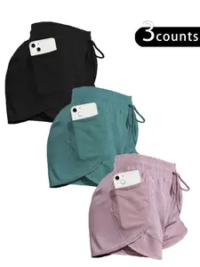 Women's 2 in 1 Drawstring High Waist Mesh Sports Shorts, Casual Pocket Elastic Waist Bottoms for Running Gym Workout, Ladies Sportswear for All Seasons, Practical Pockets Athletic Shorts, Loose Fit Shorts, Athleisure Shorts
