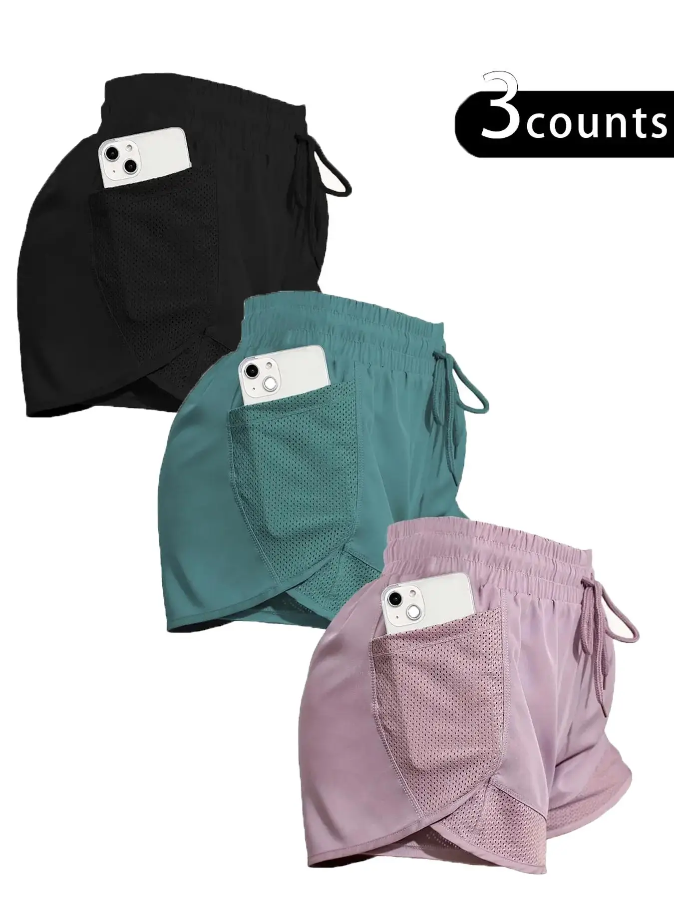 Women's 2 in 1 Drawstring High Waist Sports Shorts, Casual Pocket Elastic Waist Bottoms for Running Gym Workout, Ladies Sportswear for All Seasons, W