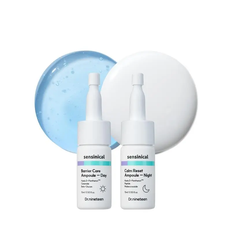DR.NINETEEN Sensinical Ampoule Day & Night Serum - Hyalu D-Panthenol, Ceramide, Beta-Glucan, Madecassoside, PDRN Peptides - Calming, Non-Sticky, Deep Hydration for Sensitive Skin - Korean Skincare, 0.5 fl oz x 2
