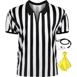 3 Pcs Referee Shirt, Referee Costume Men Women Zipper Collar Black and White Striped Ref Shirt for Football Soccer Sports Athletic Outfit Stylish Jersey