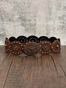 Women's Western Cowboy Style Boho Wide Belt, PU Leather, Antique Copper Rivets, Oval Carved Bull Head Buckle, Versatile Dress, Shorts, Pants, Cowboy Cowgirl Belt