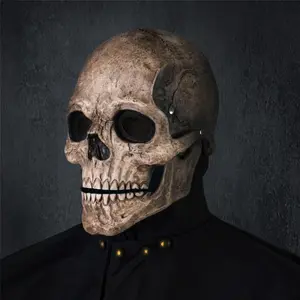 Creepy Halloween Full Head Skull Mask with Movable Jaw, Adult Entire Head Realistic Latex Helmet, Scary Skeleton