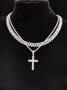 Unisex Fashion Cross Pendant Necklace & Cuban Chain Necklace, Cross Charm Necklace, Artificial Zircon Decor Necklace for Party, Daily Decor, Trendy All-match & Exquisite Jewelry for Birthday Gift, Cross Chain Design