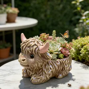 Cute Highland Cow Resin Planter, Sculptural Planter, Adorable Animal Shaped Succulent Pot, Ideal for Balcony, Railing, Fairy Garden, Indoor & Office Decor