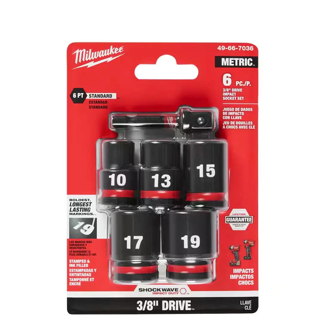 Milwaukee 6PC 3/8" Drive Metric Socket Set, Shockwave Technology, Impact Duty, Hex-to-Square Adapter-Fitting Hand Tool, Adapter Fits Hex To Square