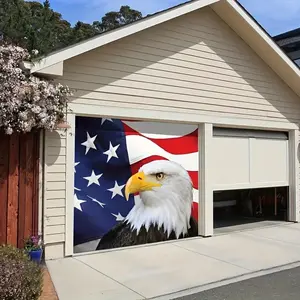 1pc American Flag Garage Door Banner 7x16ft, Bald Eagle Usa Flag Cover, Large Outdoor Patriotic Decoration for Double Garage Doors
