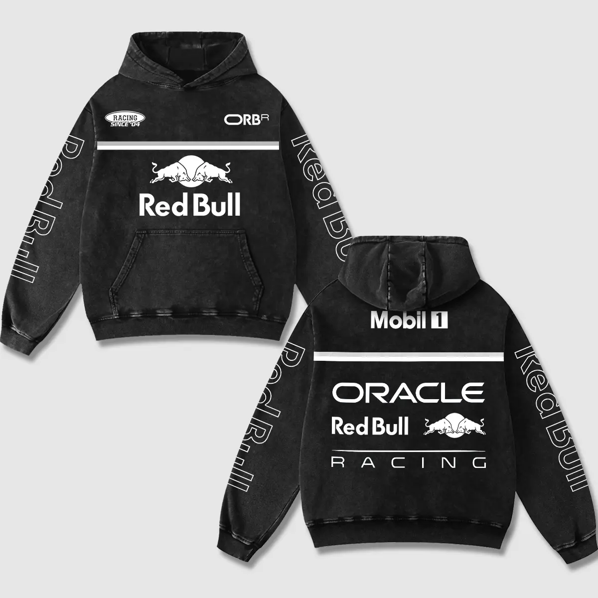 Retro Mobil 1 x Oracle Redbull Racing Washed Hoodie Formula Car World Champion Enthusiast Apparel Streetwear Racing Team Motorcycle Clothing Motorbike Riders Supermotor Off-Road Dirt Bike Fan Gear Cotton For Biker