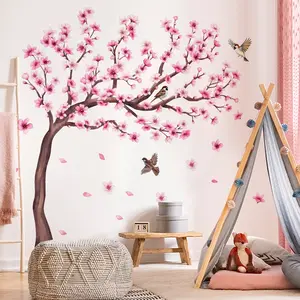 A set of two (30*90cm*2pcs) creative hand-painted peach blossom tree, pink flowers and bird Floral Pattern Sticker spring wall stickers for living room and bedroom decoration background wall decals (M12039-YX)
