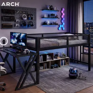 Twin XL Full Gaming Loft Bed with Desk, LED Lights, USB Ports, Staircase & Mesh Guardrail, Black Metal Frame, Space-Saving Elevated Bed for Dorm Bedroom Gaming Setup, Multiple Size Options, Full/Twin XL Size Options, Black Color Options