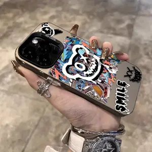 A colorful silver Doodle Bear phone case suitable for iPhone 17 16 15 14 13 12 11 PRO MAXPLUS, AIR and XR XS MAX 7 8Plus, stylish and elegant, perfect as an Easter gift