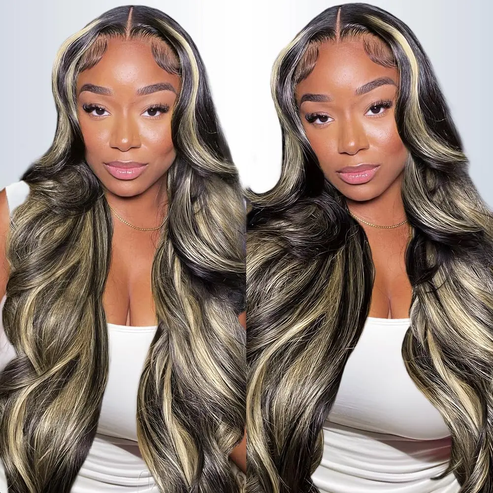 QUANDIAN FB/27 Balayage Highlight Lace Front Wig Human Hair Pre Plucked 210% Density 13x6 HD Lace Virgin Human Hair Body Wave Ombre Wig Springtok