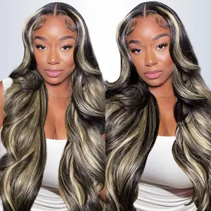 QUANDIAN FB/27 Balayage Highlight Lace Front Wig Human Hair Pre Plucked 210% Density 13x6 HD Lace Virgin Human Hair Body Wave Ombre Wig Springtok