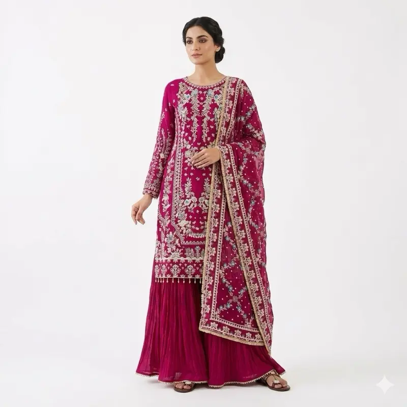 Women's Punjabi Style Suit - Long Traditional Modest Women's Clothes with Intricate Embroidery, Elegant Flowing Silhouette, Long Length, Lady, Full Sleeves, Modest Cut, Casual, Salwar, Elegant Flowing Design