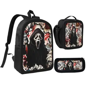 Ghost Face Backpack With Lunch Box Pencil Case 3 In 1 For Boy Girl Teen Schoolbag Lightweight Large Capacity 600D Oxford Cloth Adjustable Straps Comfortable Mesh Back Cushioning backpack goals-B
