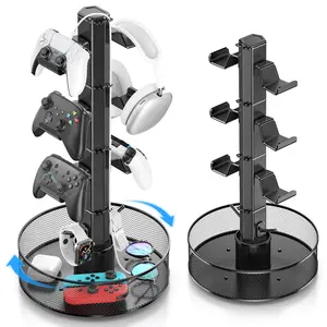 Rotatable Gaming Controller Holder with Basket for Desk, Controller Stand for PS5/PS4/Xbox/Switch/PC Accessories, Holder with Cable Organizer, 4 Tiers Black