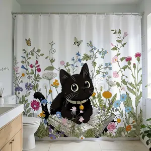 1 Pc Charming cat and floral shower curtain for a cozy bathroom upgrade vibrant botanical print perfect for a nature-inspired bathroom revamp playful design to enhance bathroom aesthetics ideal for animal lovers seeking unique bathroom decor floral accent
