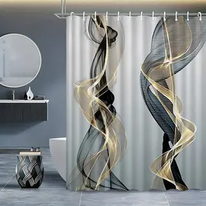 Abstract Lines Bathroom Set, Modern Luxury Bath Ensemble, Waterproof Shower Curtain, Non-Slip Mat, Toilet Mats, Easy Clean, Shower Curtain Sets
