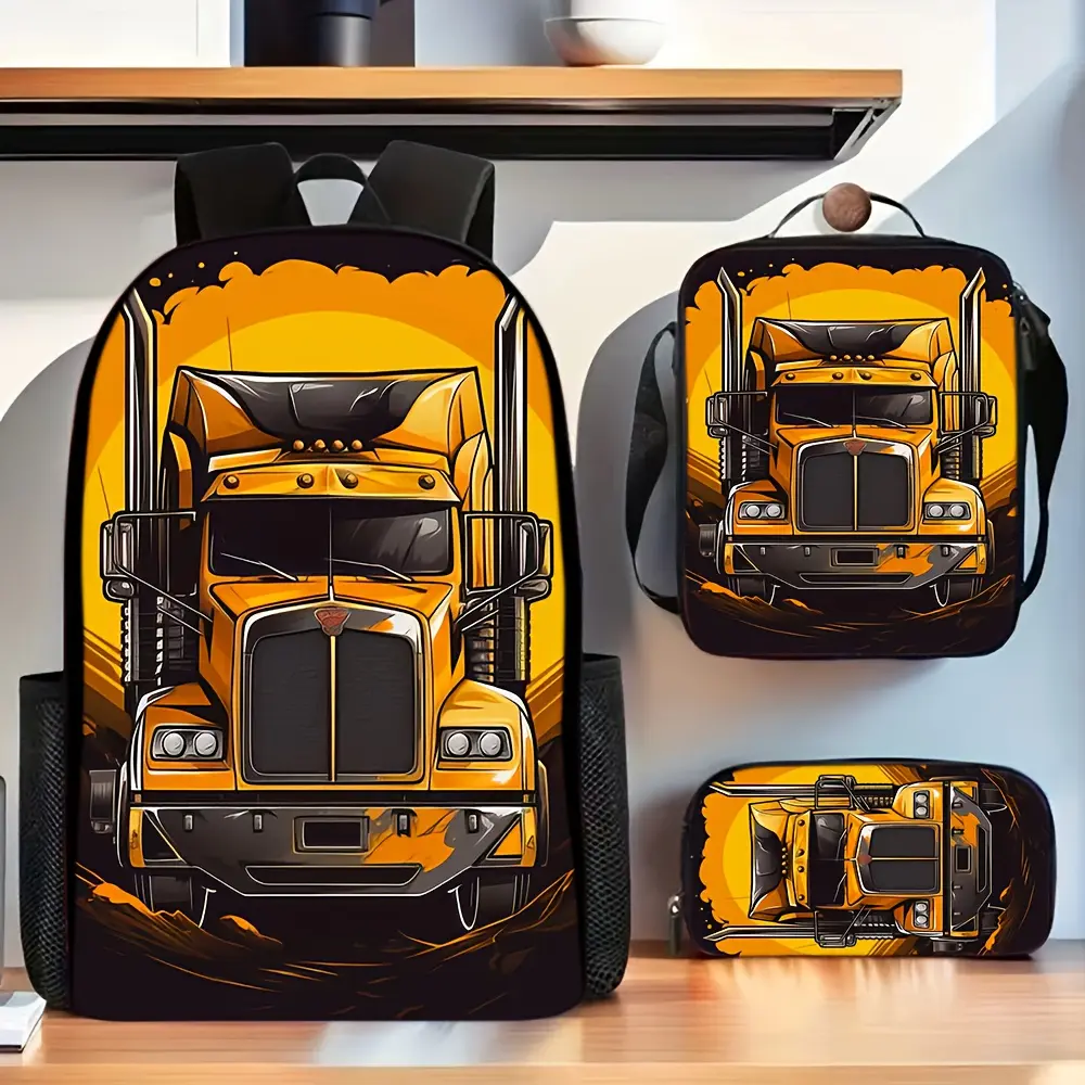 Durable 3-Piece Yellow Semi-Truck Backpack Set - Sunset Big Rig Print School Daypack with Top Handle, Adjustable Padded Shoulder Straps, Lunch Bag, Pencil Case, Oxford Cloth for Kids (Do Not Bleach)