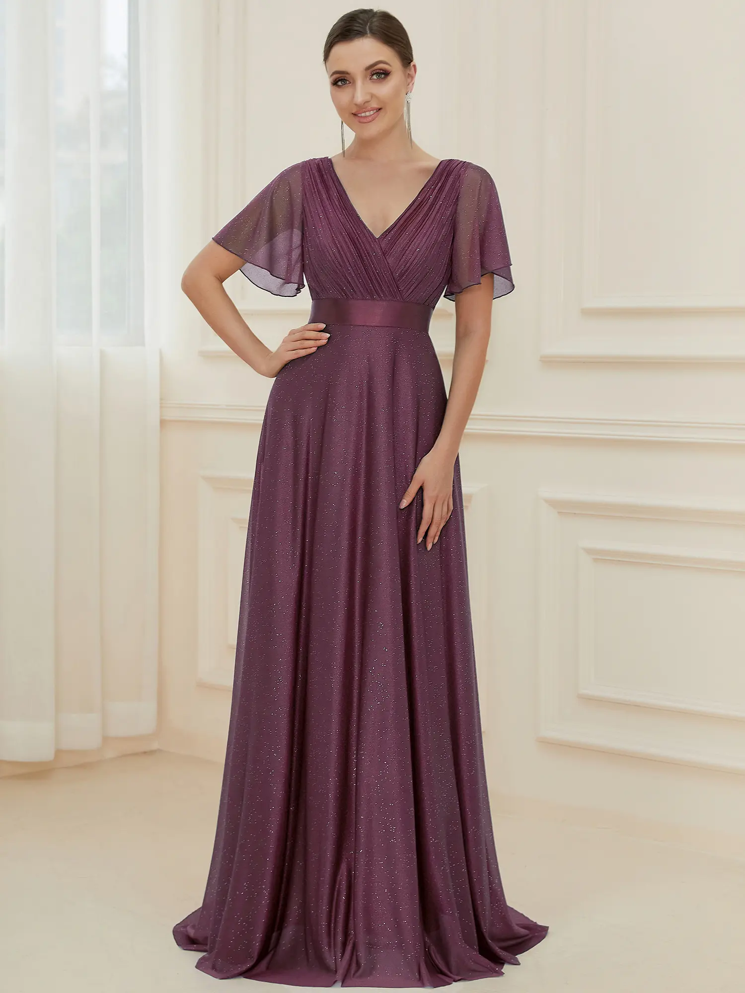 Ever-Pretty  Sparkling Short Sleeve V-Neck Ribbon Waist A-Line Evening Dress in Purple - Formal & Elegant Maxi Length Polyester Fabric 50159, Formal Wear, Chic, Style, Shortsleeve, Women, Ruched